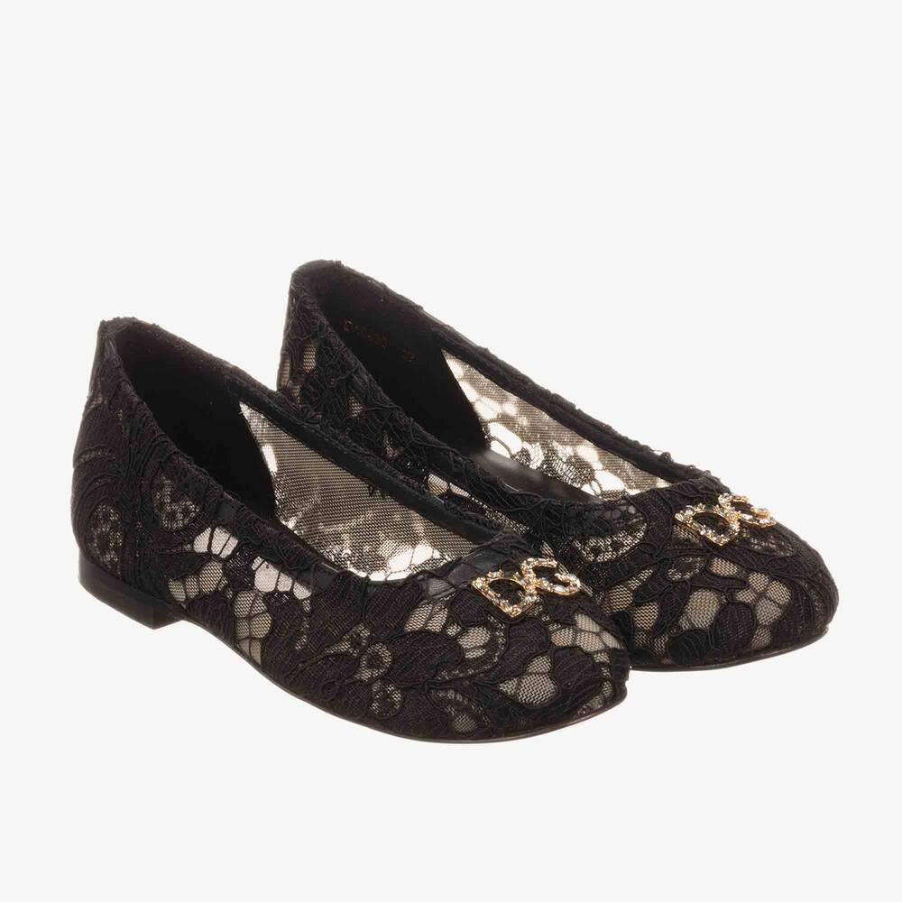 Dolce & Gabbana - حذاء دانتيل و جلد لون أسود و ذهبي برّاق للبنات | Childrensalon