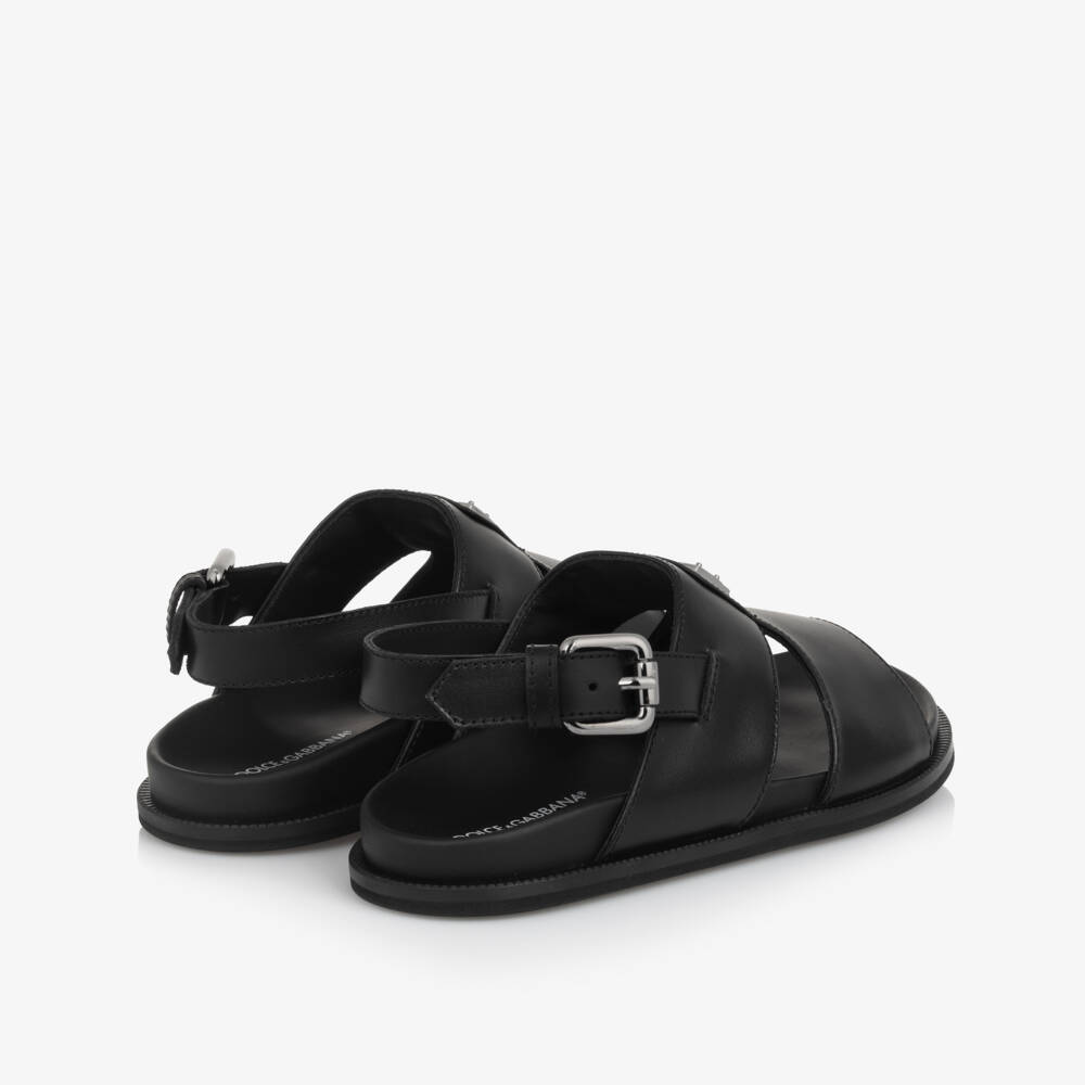 Dolce & Gabbana-Black Leather Buckle Sandals with Metal Logo Plaque | Childrensalon Outlet