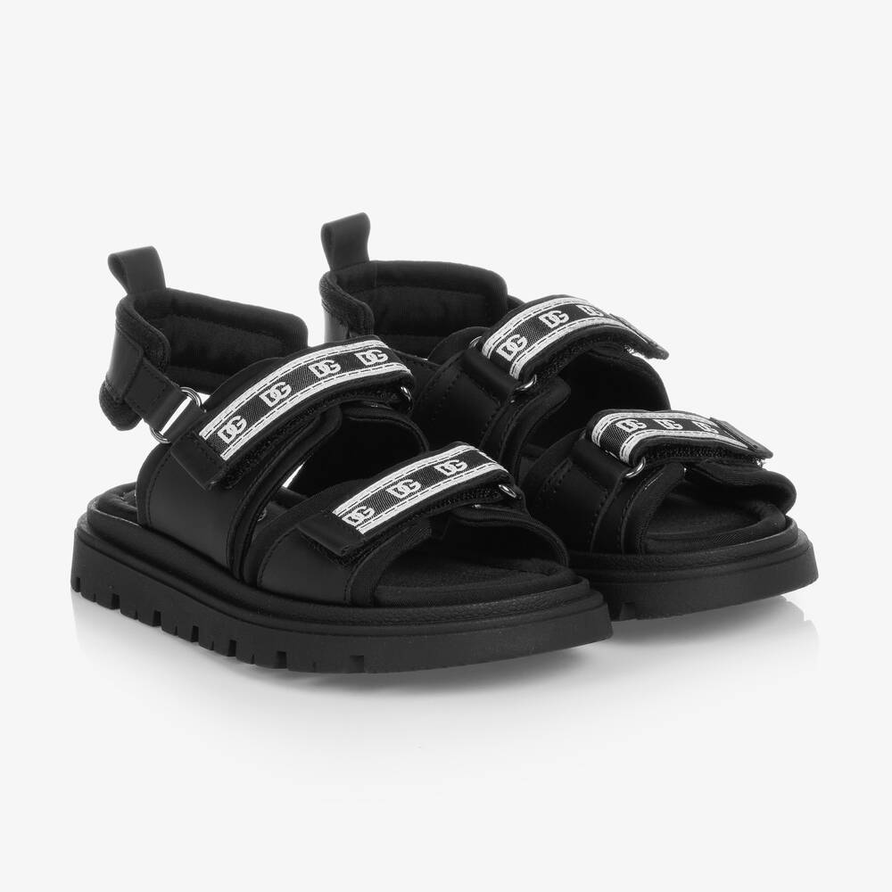 Dolce & Gabbana - Black Leather Crossover DG Logo Sandals | Childrensalon