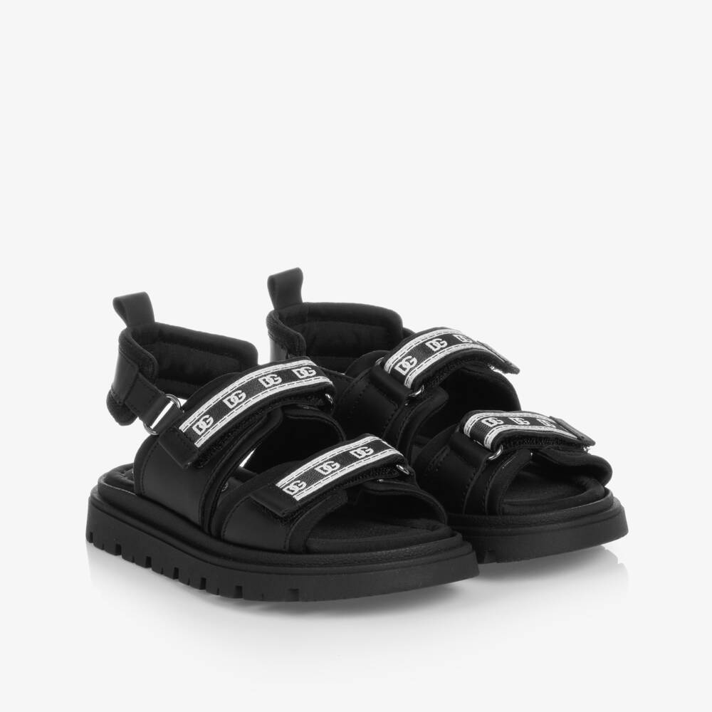 Dolce & Gabbana-Black Leather Crossover DG Logo Sandals | Childrensalon Outlet