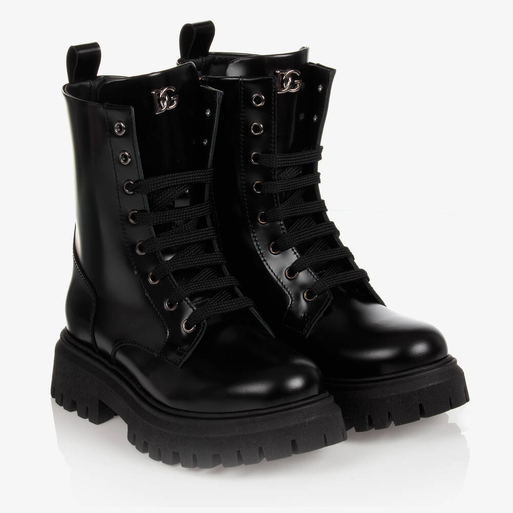 Dolce & Gabbana - Black Leather Lace-Up Boots | Childrensalon