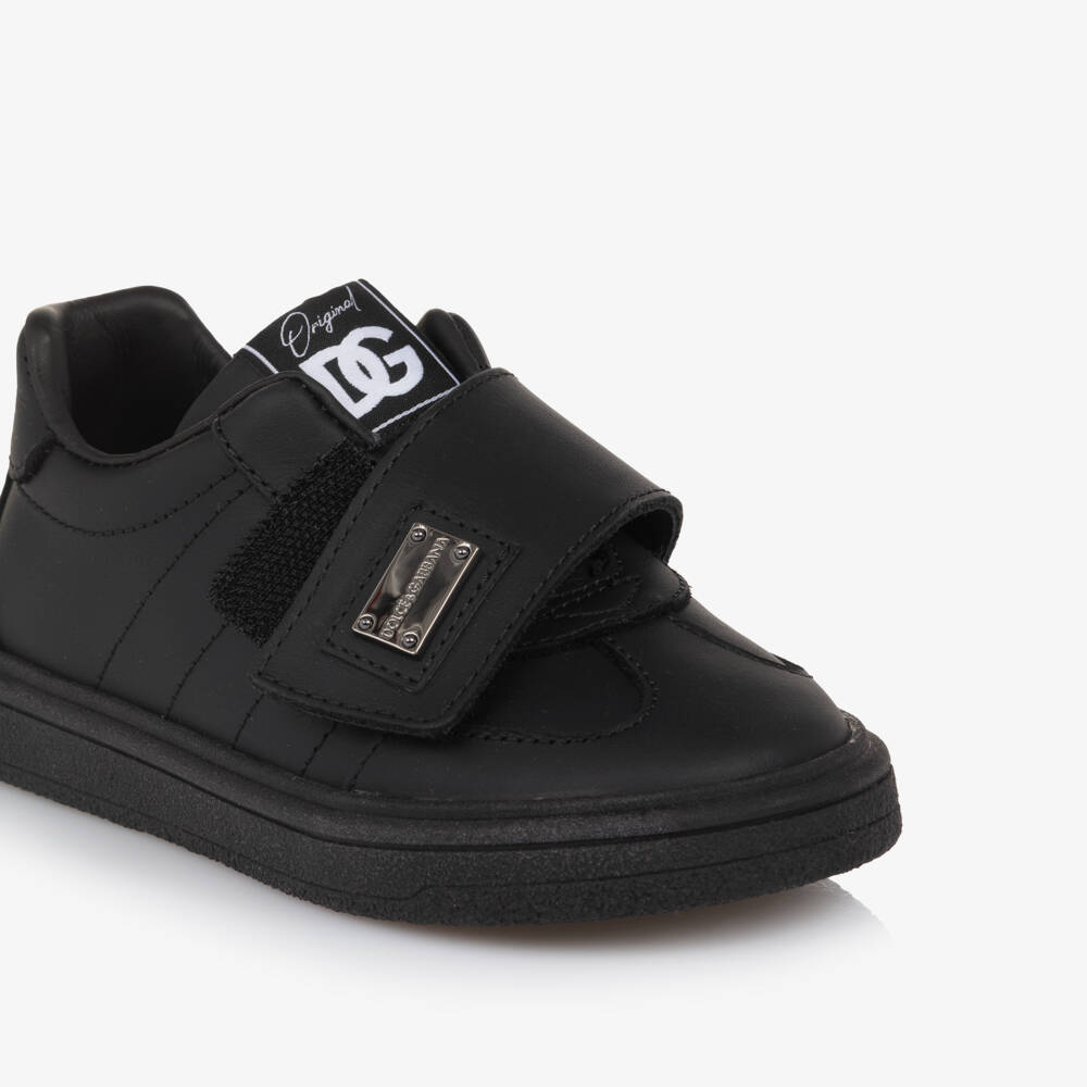 Dolce & Gabbana-Black Leather Logo Plate Velcro Trainers | Childrensalon Outlet