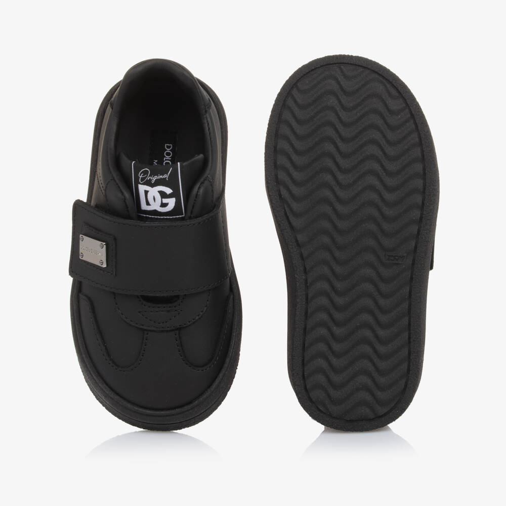 Dolce & Gabbana-Black Leather Logo Plate Velcro Trainers | Childrensalon Outlet