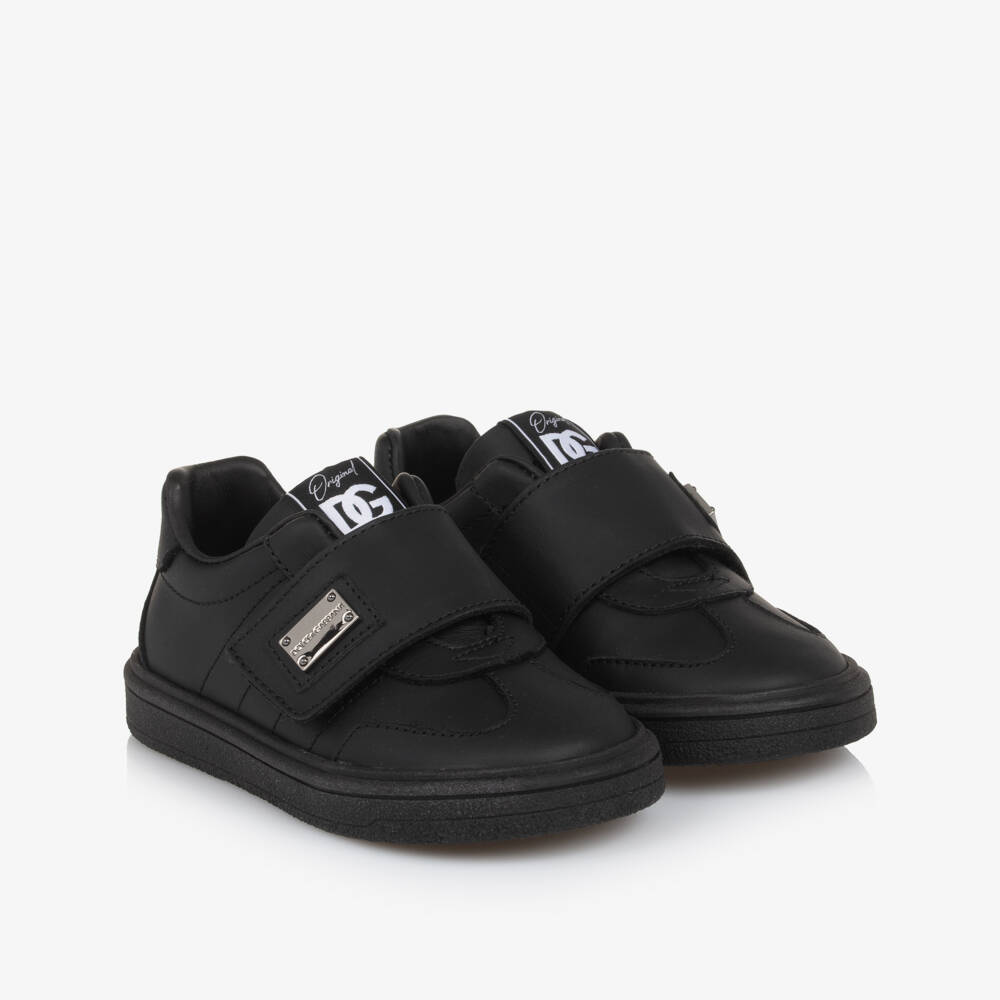 Dolce & Gabbana-Black Leather Logo Plate Velcro Trainers | Childrensalon Outlet