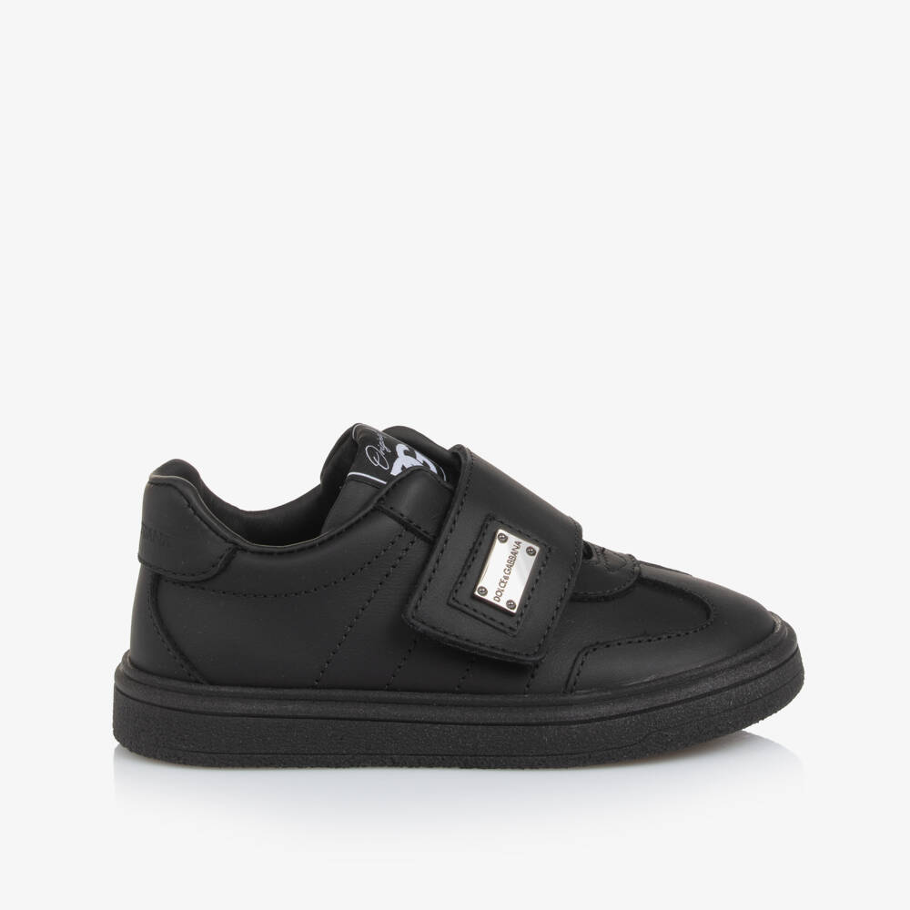 Dolce & Gabbana-Black Leather Logo Plate Velcro Trainers | Childrensalon Outlet