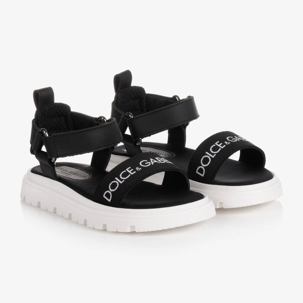 Dolce Gabbana Black Leather Logo Sandals Childrensalon Outlet