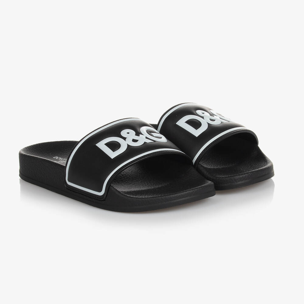 Dolce & Gabbana - Black Leather Logo Sliders | Childrensalon