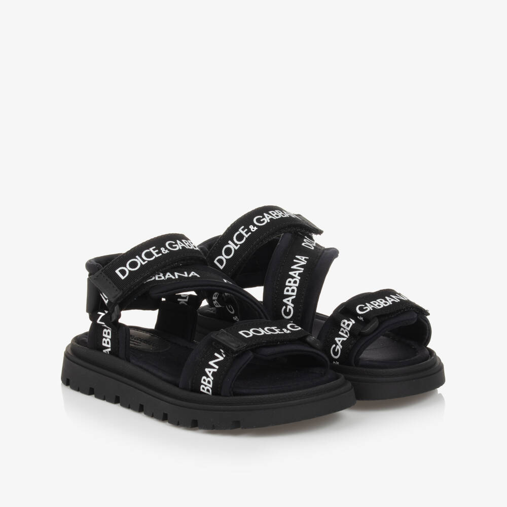 Dolce & Gabbana-Black Logo Print Velcro Sandals | Childrensalon Outlet