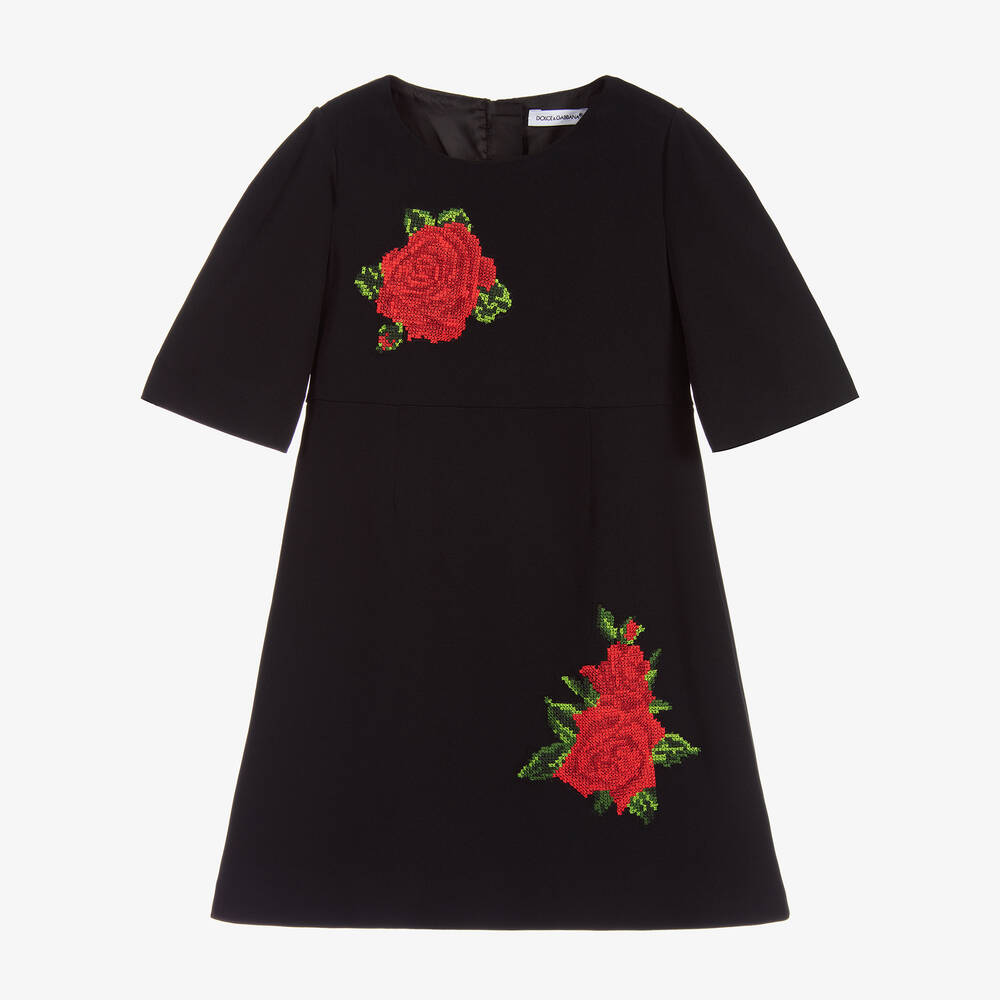 Dolce & Gabbana - فستان فيسكوز كريب مطرز لون أسود وأحمر | Childrensalon