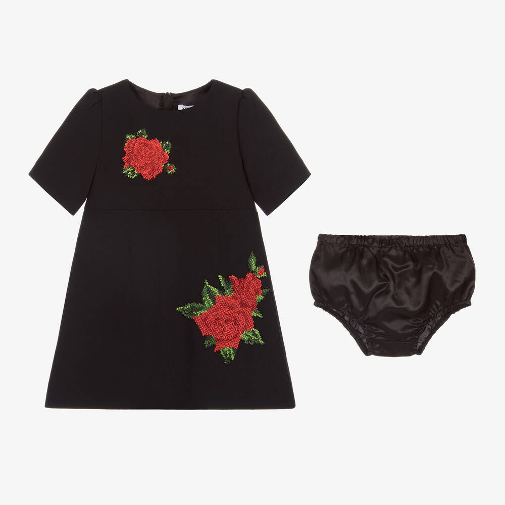 دولتشي آند غابانا-طقم فستان وسروال فيسكوز كريب مطرز لون أسود وأحمر | Childrensalon Outlet