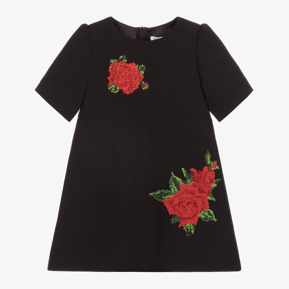 Dolce & Gabbana - طقم فستان وسروال فيسكوز كريب مطرز لون أسود وأحمر | Childrensalon