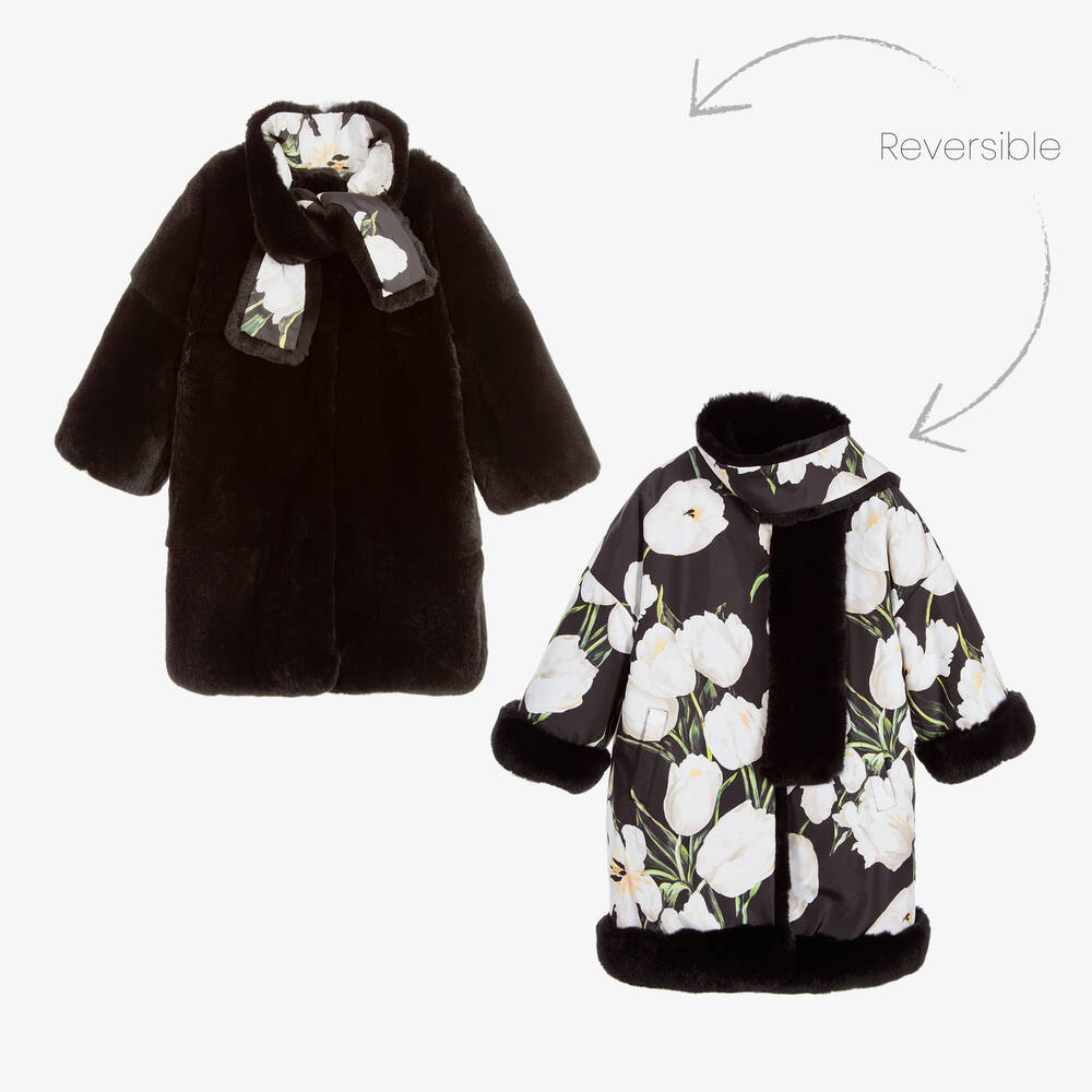 Dolce & Gabbana - معطف أسود من الفراء بطبعة زهرة التوليب البيضاء ذو وجهين للفتيات  | Childrensalon