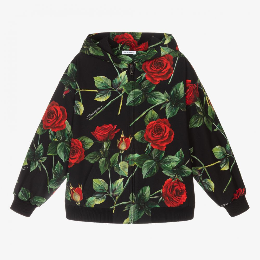 Dolce & Gabbana - Veste à capuche zippée fleurie noire | Childrensalon