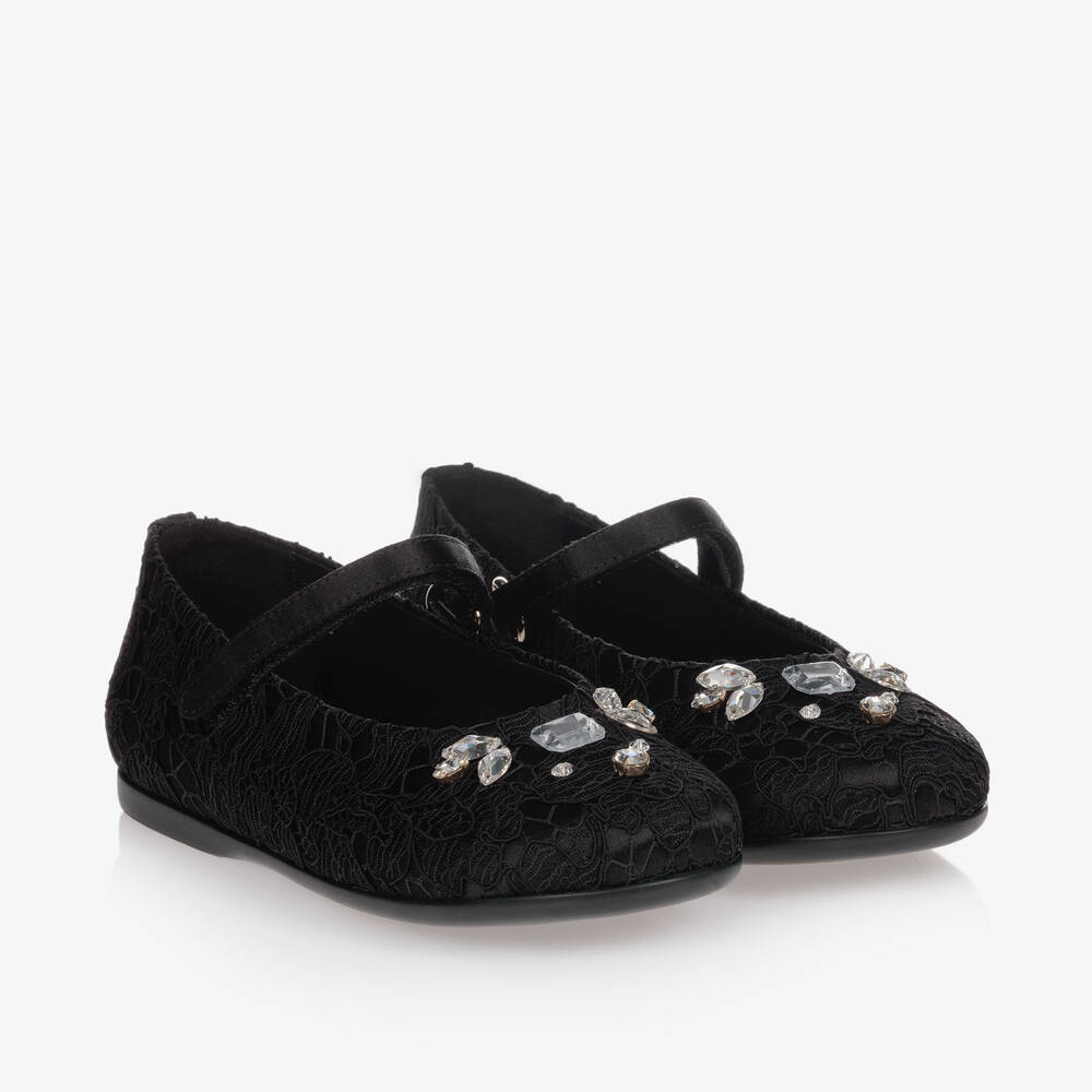 Dolce & Gabbana - Черные атласные туфли с кружевом | Childrensalon
