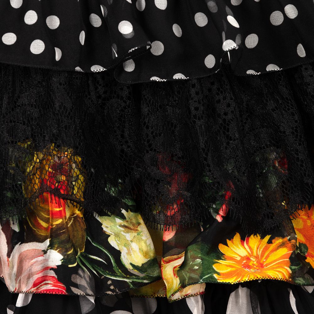 Dolce & Gabbana-فستان ماكسي دانتيل ومزيج حرير لون أسود بطبعة ملونة | Childrensalon Outlet