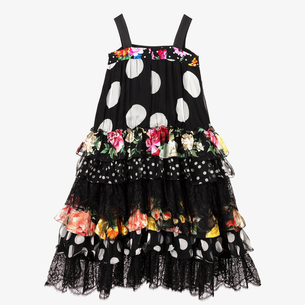 Dolce & Gabbana-فستان ماكسي دانتيل ومزيج حرير لون أسود بطبعة ملونة | Childrensalon Outlet