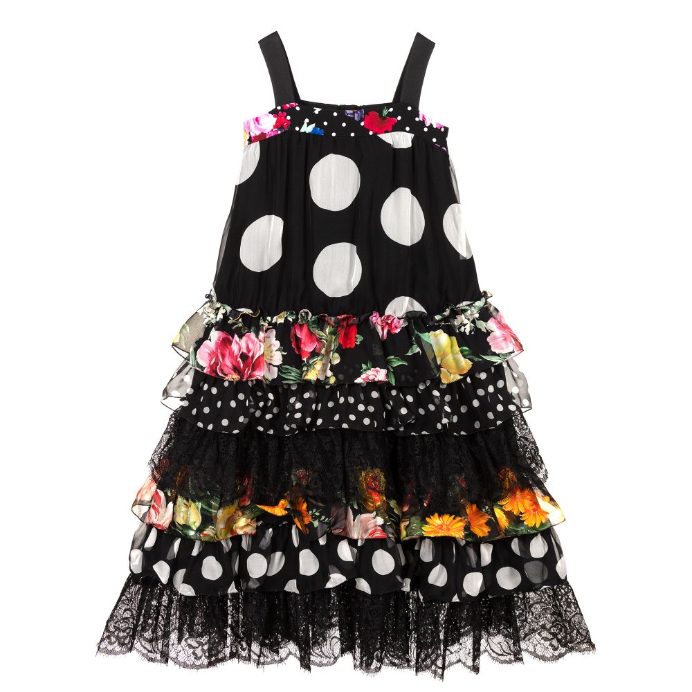 Dolce & Gabbana - فستان ماكسي دانتيل ومزيج حرير لون أسود بطبعة ملونة | Childrensalon