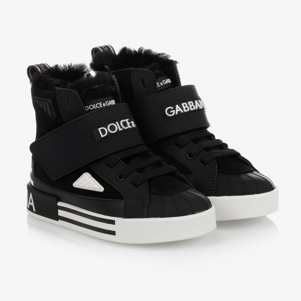 Dolce & Gabbana - ترينرز كاحل عالي جلد وشمواه لون أسود وأبيض | Childrensalon