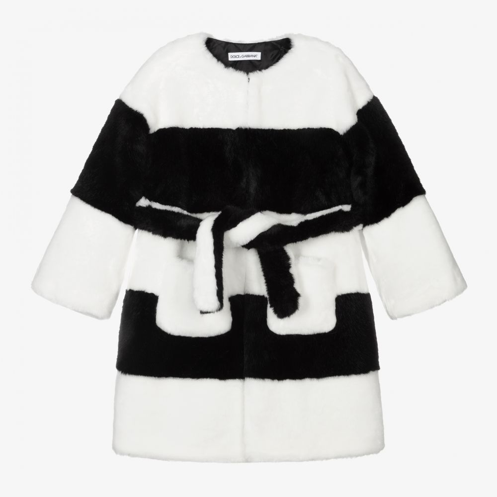 Dolce & Gabbana - معطف فرو صناعي لون أسود وأبيض للبنات  | Childrensalon