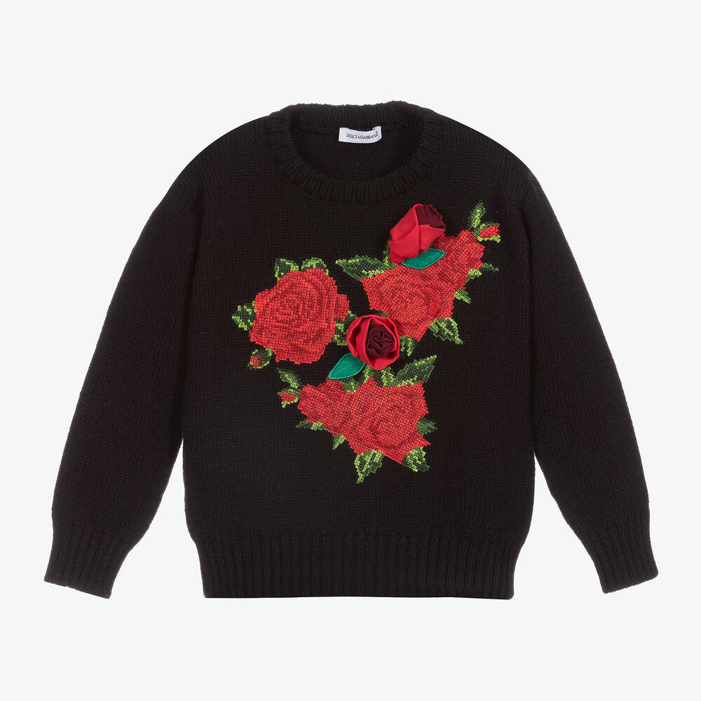 Dolce & Gabbana - Black Wool Rose Sweater  | Childrensalon