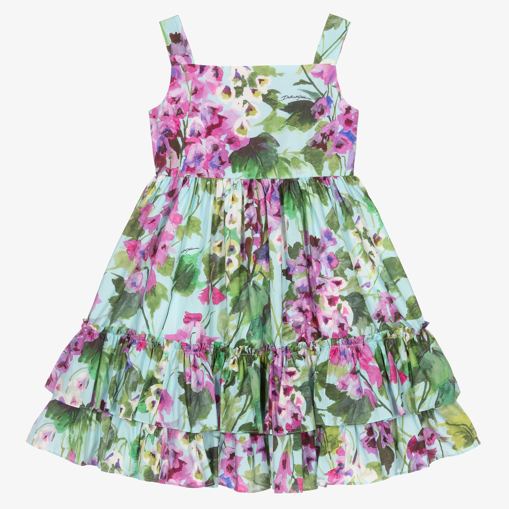 Dolce & Gabbana - Blaues Popeline-Kleid mit Glockenblumen-Print | Childrensalon