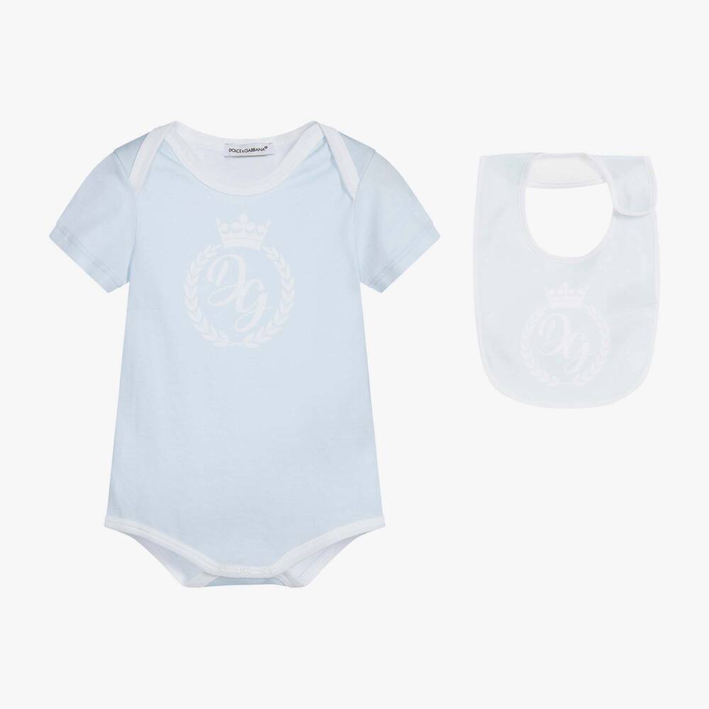Dolce & Gabbana - هدية بادي ومريلة قطن لون أزرق وأبيض للمواليد | Childrensalon