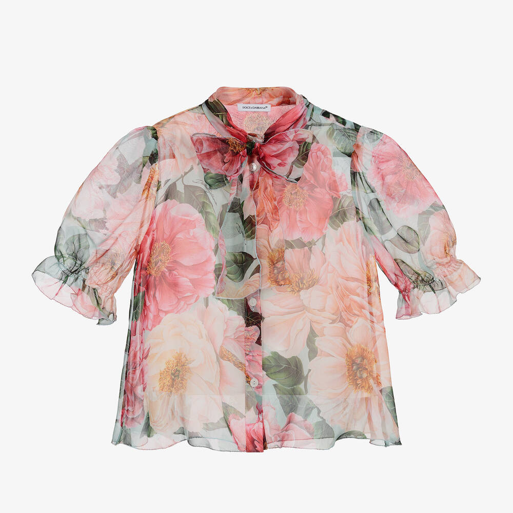 Dolce & Gabbana - Blue Camellia Silk Blouse | Childrensalon