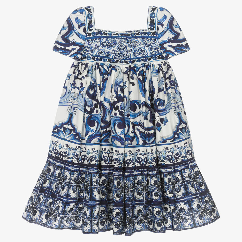 Dolce & Gabbana - فستان قطن بوبلين لون أزرق وأبيض بطبعة ماجوليكا  | Childrensalon