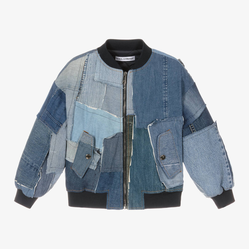 Dolce & Gabbana - Bomber bleu en jean effet patchwork | Childrensalon