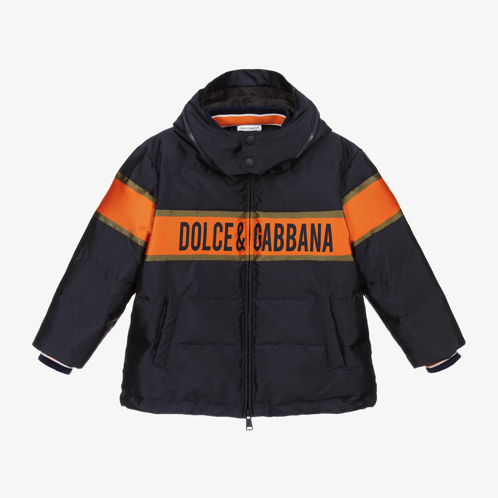 Dolce & Gabbana - Синее пальто-пуховик с логотипом | Childrensalon