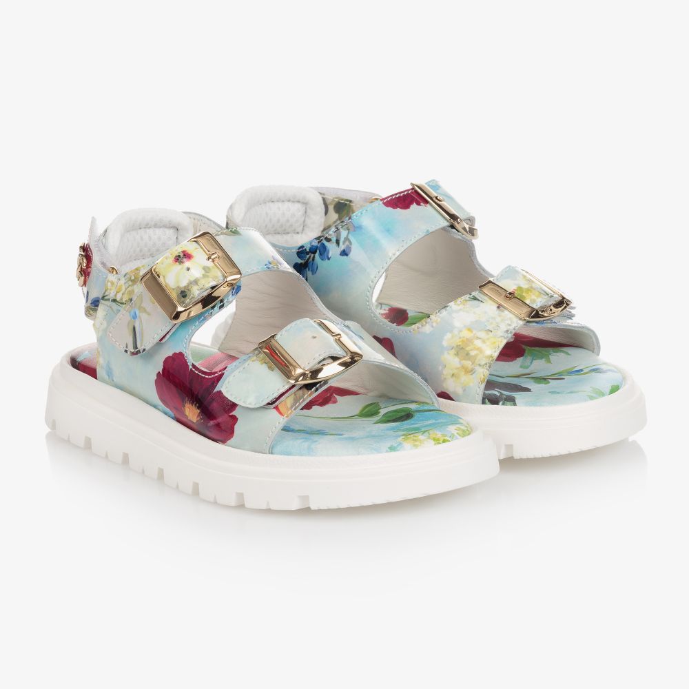 Dolce & Gabbana - Sandales bleues en cuir à fleurs | Childrensalon