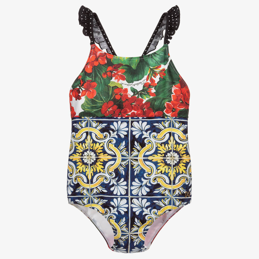 Dolce & Gabbana - Blue Majolica Print Swimsuit | Childrensalon