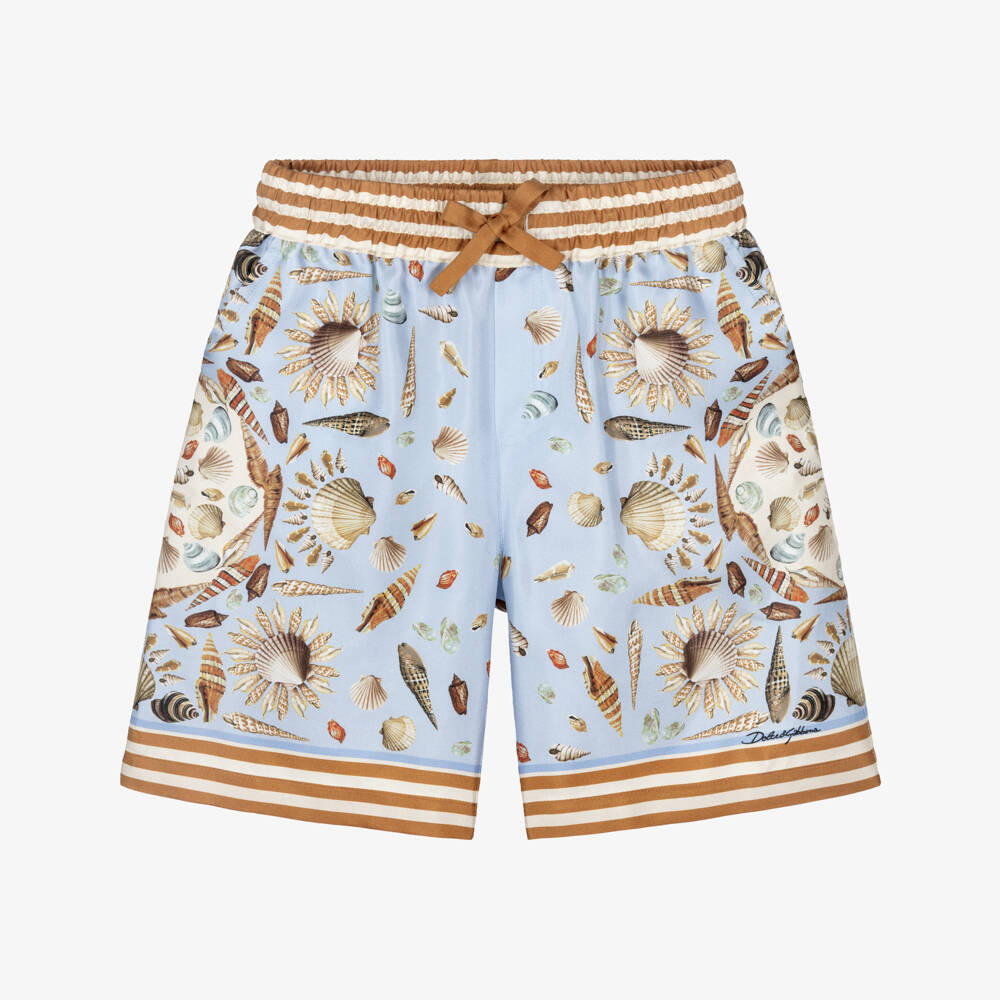 Dolce & Gabbana-Blue Sea Shell Printed Silk Shorts | Childrensalon Outlet