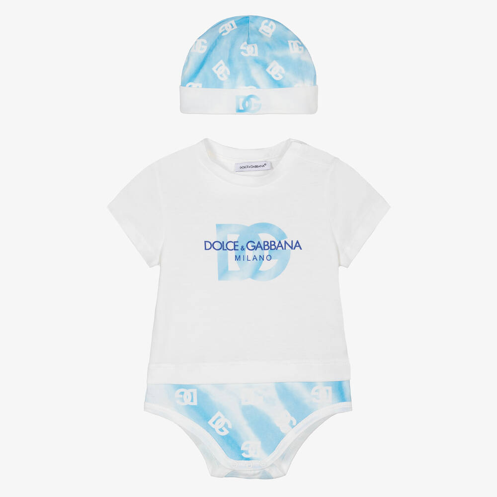 Dolce & Gabbana - طقم أوفرول بادي قطن لون أزرق وأبيض للمواليد | Childrensalon