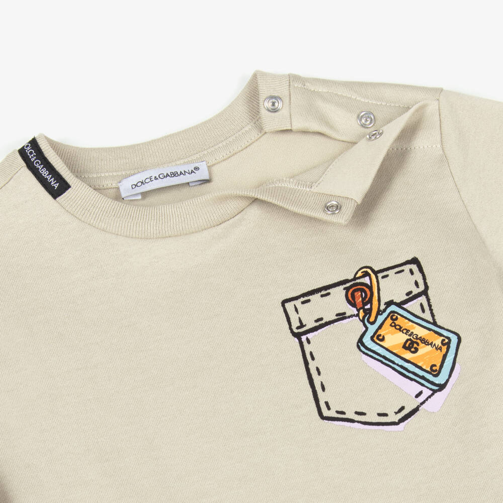Dolce & Gabbana-Boys Beige Cotton Pocket Detail T-Shirt | Childrensalon Outlet
