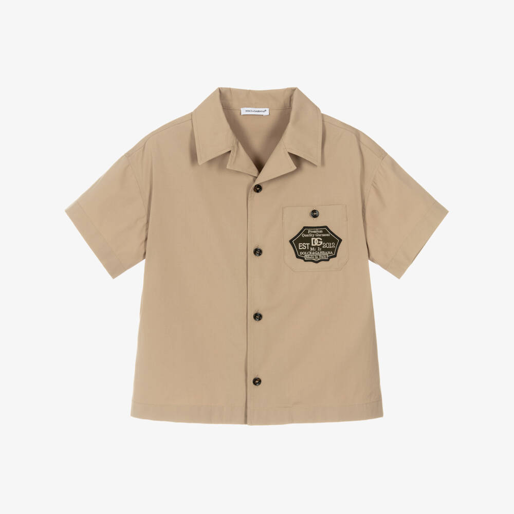 Dolce & Gabbana-Boys Beige Cotton Shirt with Logo Patch Pocket | Childrensalon Outlet