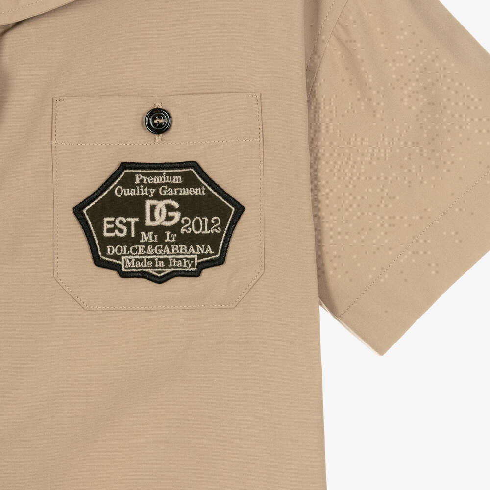 Dolce & Gabbana-Boys Beige Cotton Shirt with Logo Patch Pocket | Childrensalon Outlet