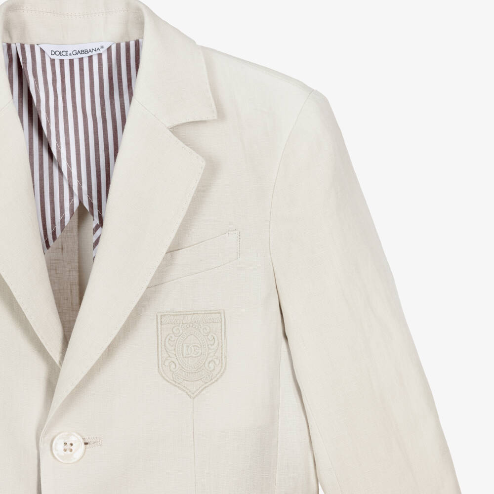 Dolce & Gabbana-Boys Beige Linen Blazer with DG Logo Crest | Childrensalon Outlet