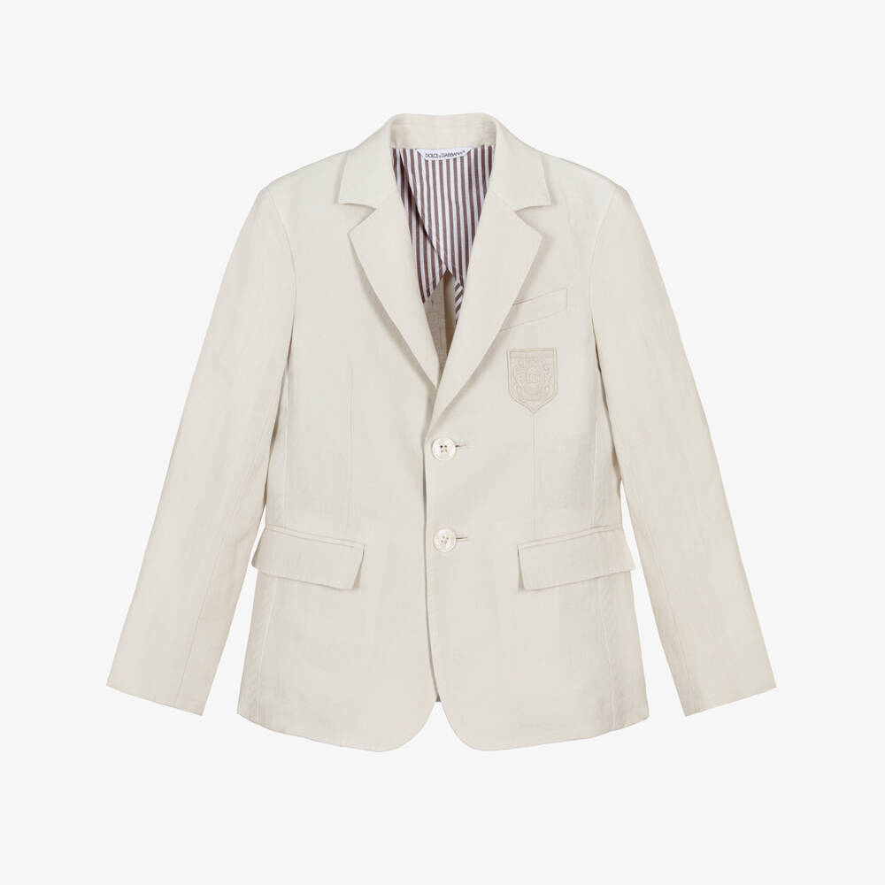Dolce & Gabbana-Boys Beige Linen Blazer with DG Logo Crest | Childrensalon Outlet