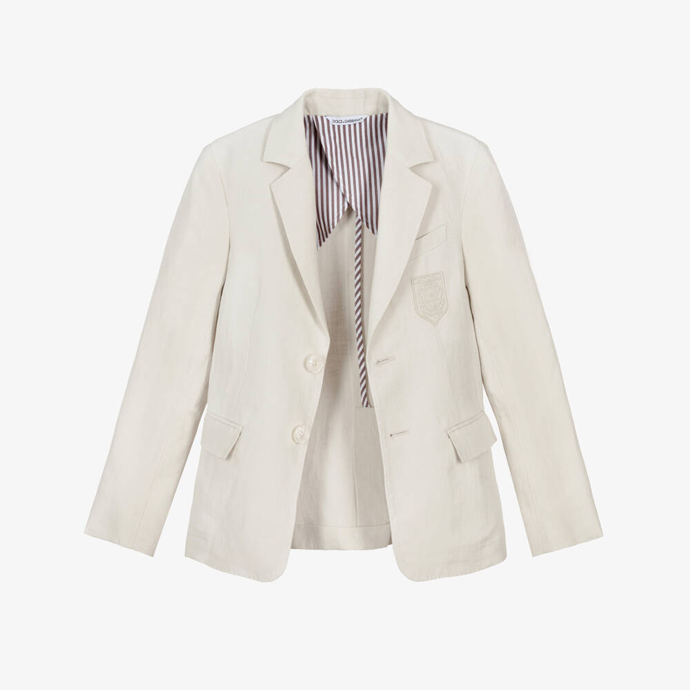 Dolce & Gabbana-Boys Beige Linen Blazer with DG Logo Crest | Childrensalon Outlet