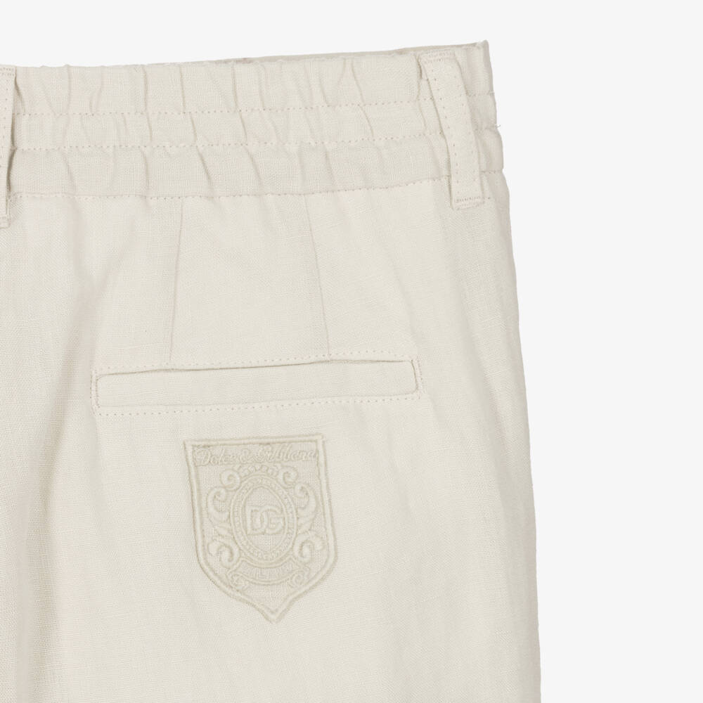 Dolce & Gabbana-Boys Beige Linen Trousers with DG Logo Crest | Childrensalon Outlet