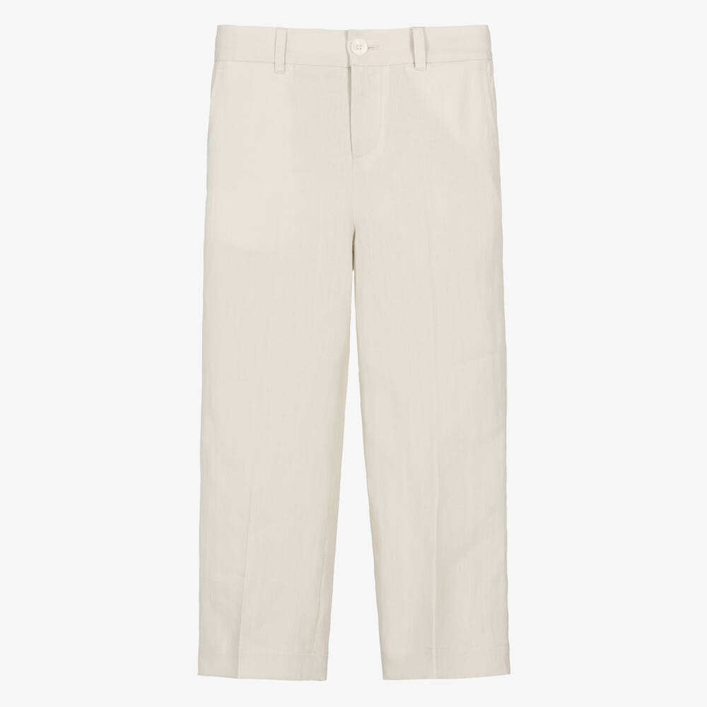 Dolce & Gabbana-Boys Beige Linen Trousers with DG Logo Crest | Childrensalon Outlet