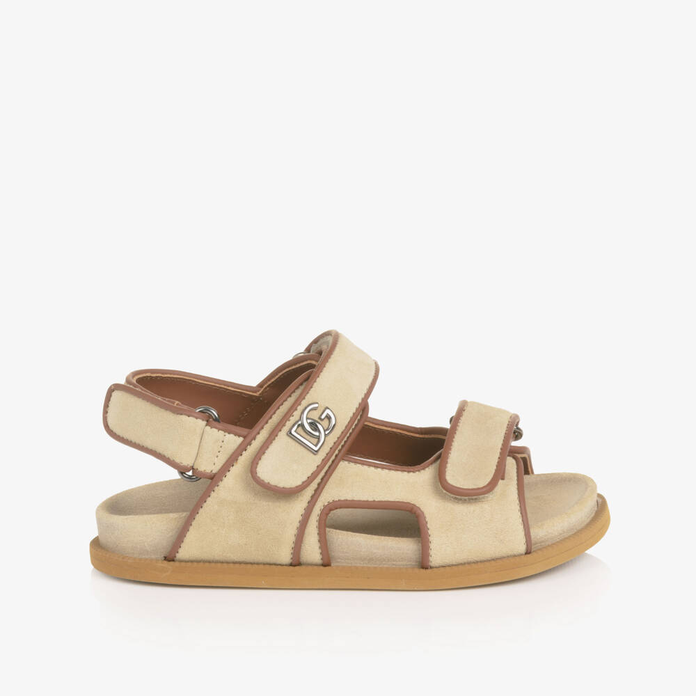 Dolce & Gabbana-Boys Beige Suede Leather DG Velcro Sandals | Childrensalon Outlet