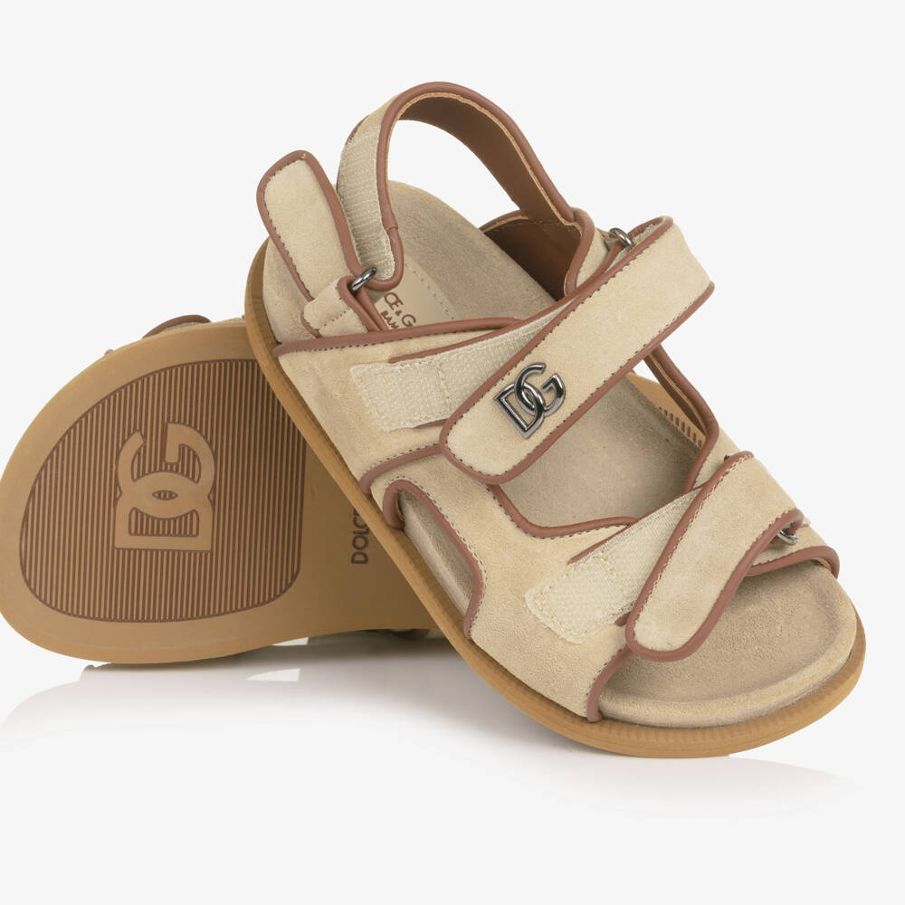 Dolce & Gabbana-Boys Beige Suede Leather DG Velcro Sandals | Childrensalon Outlet