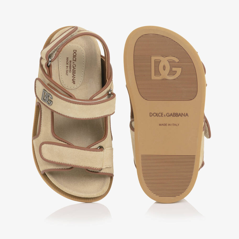 Dolce & Gabbana-Boys Beige Suede Leather DG Velcro Sandals | Childrensalon Outlet