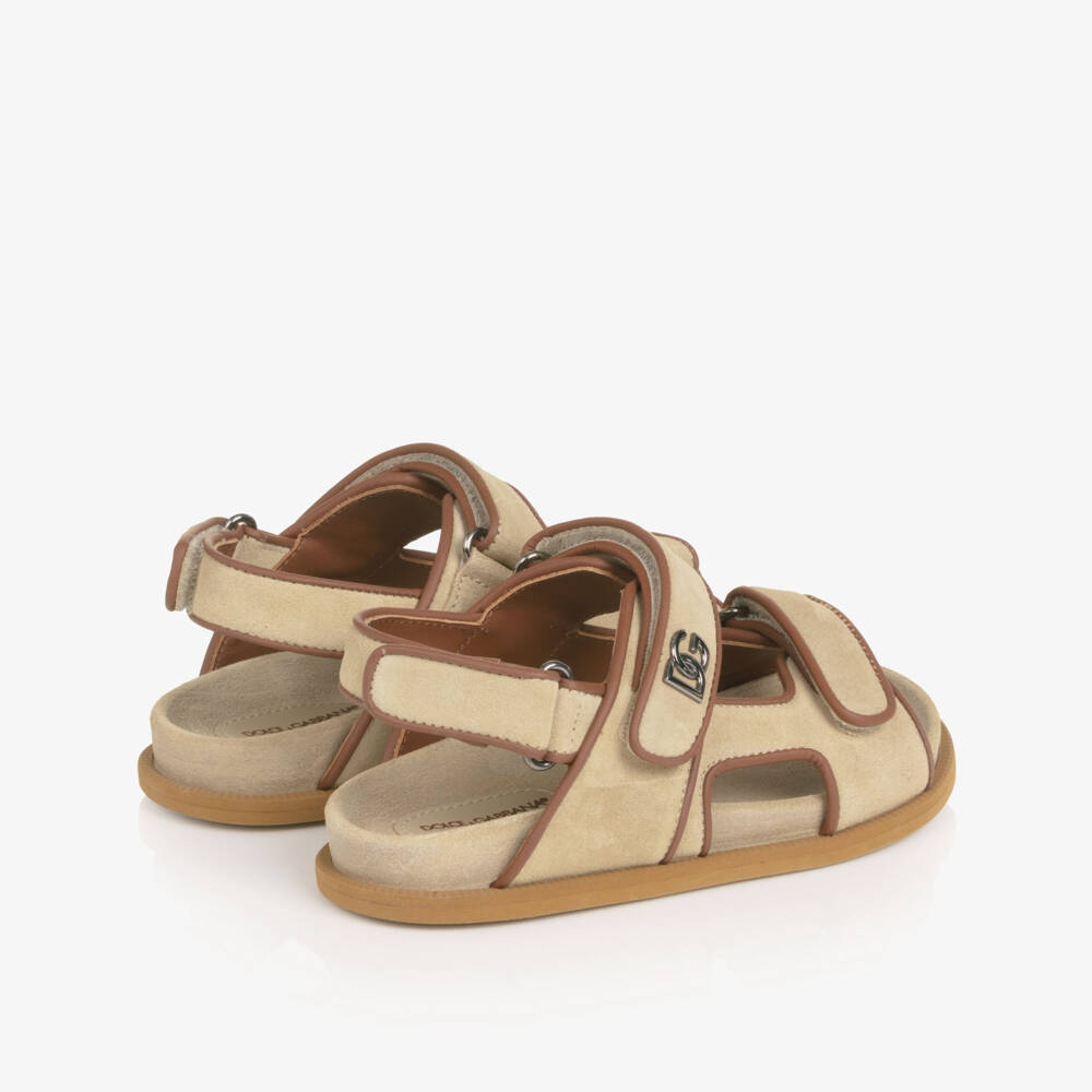 Dolce & Gabbana-Boys Beige Suede Leather DG Velcro Sandals | Childrensalon Outlet