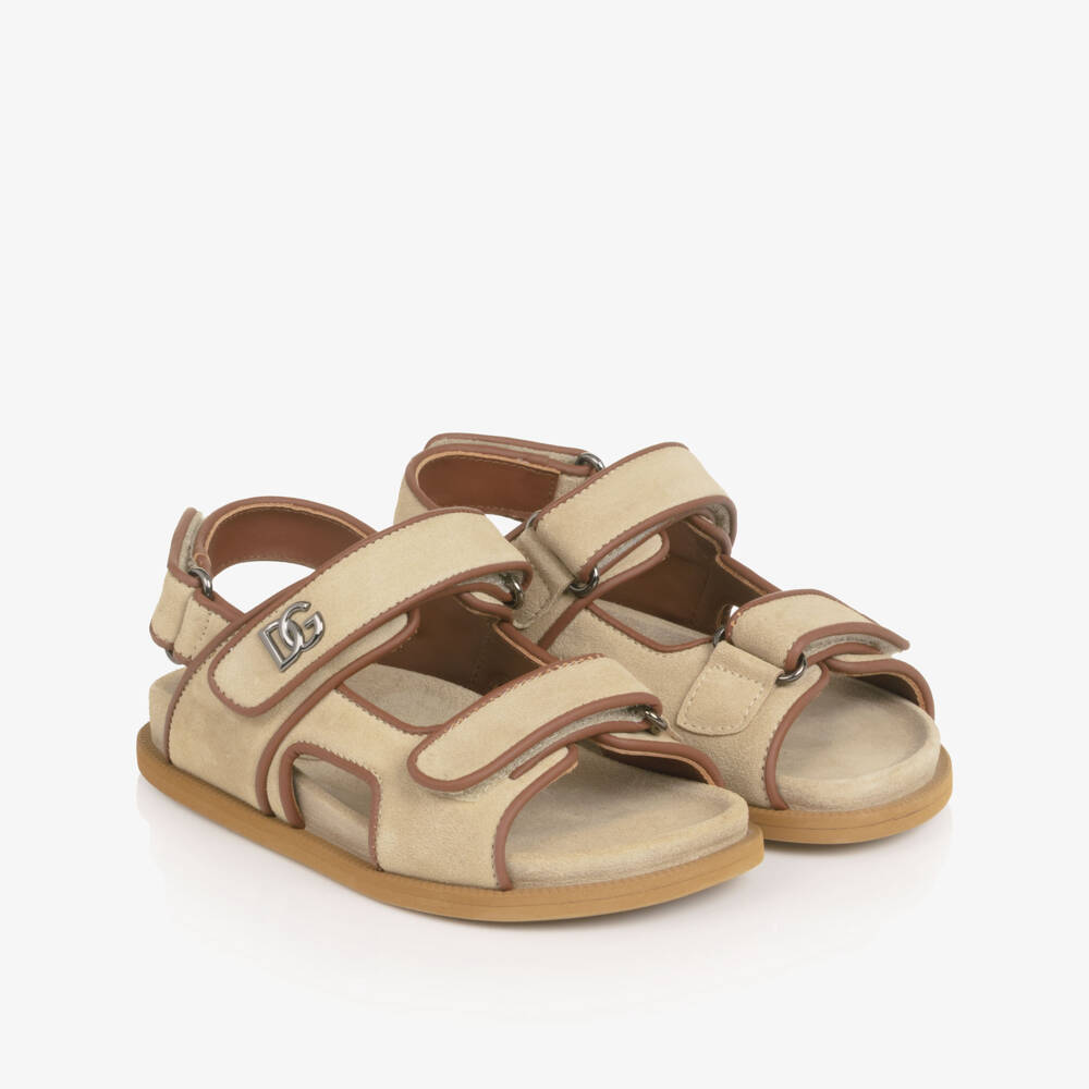 Dolce & Gabbana-Boys Beige Suede Leather DG Velcro Sandals | Childrensalon Outlet