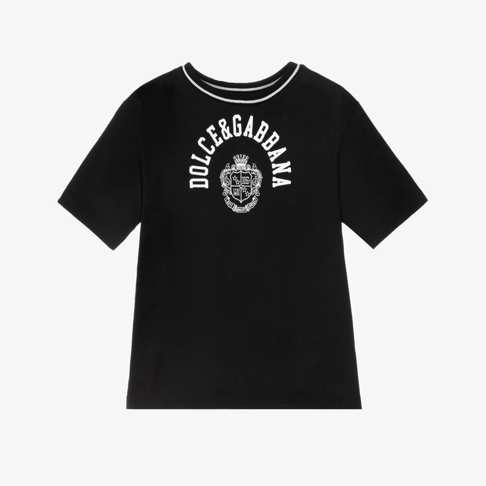 Dolce & Gabbana-Boys Black Cotton Jersey T-Shirt with White Crest Logo | Childrensalon Outlet