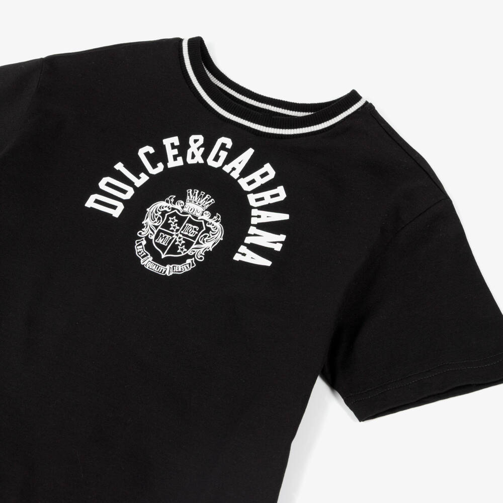 Dolce & Gabbana-Boys Black Cotton Jersey T-Shirt with White Crest Logo | Childrensalon Outlet