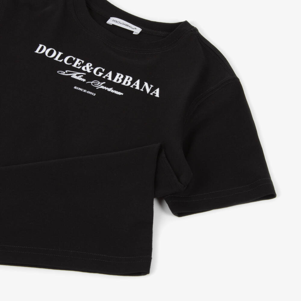 Dolce & Gabbana-Boys Black Cotton T-Shirt with Contrasting White Logo | Childrensalon Outlet